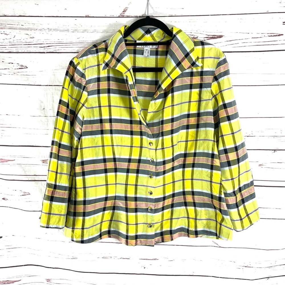 Marisa Baratelli Top womens 14 Green/Black Blouse 100% Thai Silk plaid Button Up